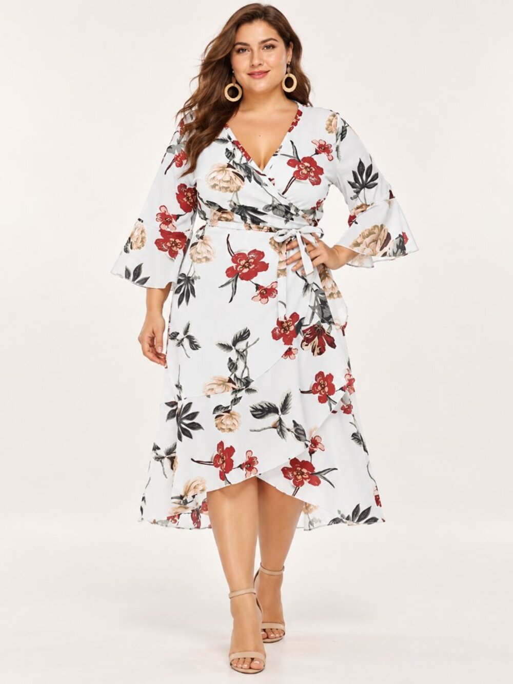 White Floral Full Wrap Surplice Boho Midi Dress Bell Sleeve Self Tie XL